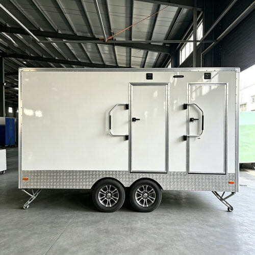 13.7FT White 4‑Station Luxury Portable Toilet Trailer