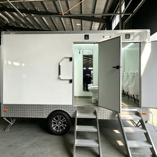 13.7FT White 4‑Station Luxury Portable Toilet Trailer