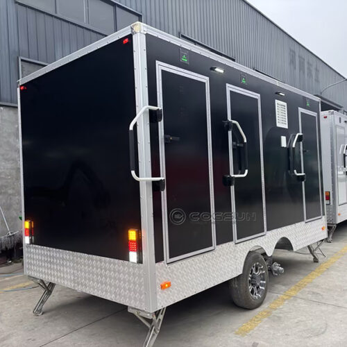 Black 3-Station Luxury Mobile Restroom Trailer with LED Vanity Mirror