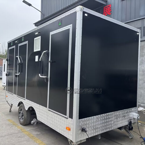 Black 3-Station Luxury Mobile Restroom Trailer with LED Vanity Mirror